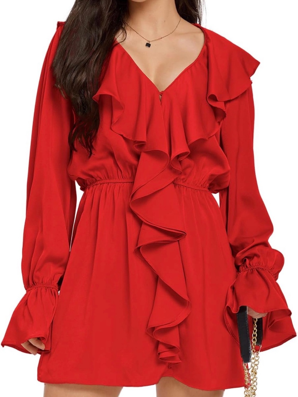 Red Ruffle V-Neck Long Sleeve Women's A-Line Swing Mini